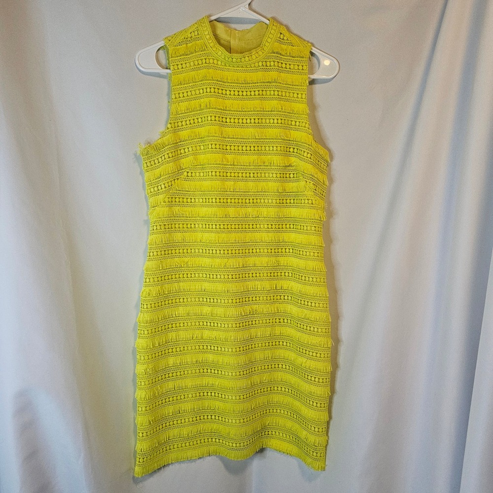 J.Crew Fringe Lace Sheath Dress 4 Neon Yellow Geometric High Neck Mini‎
